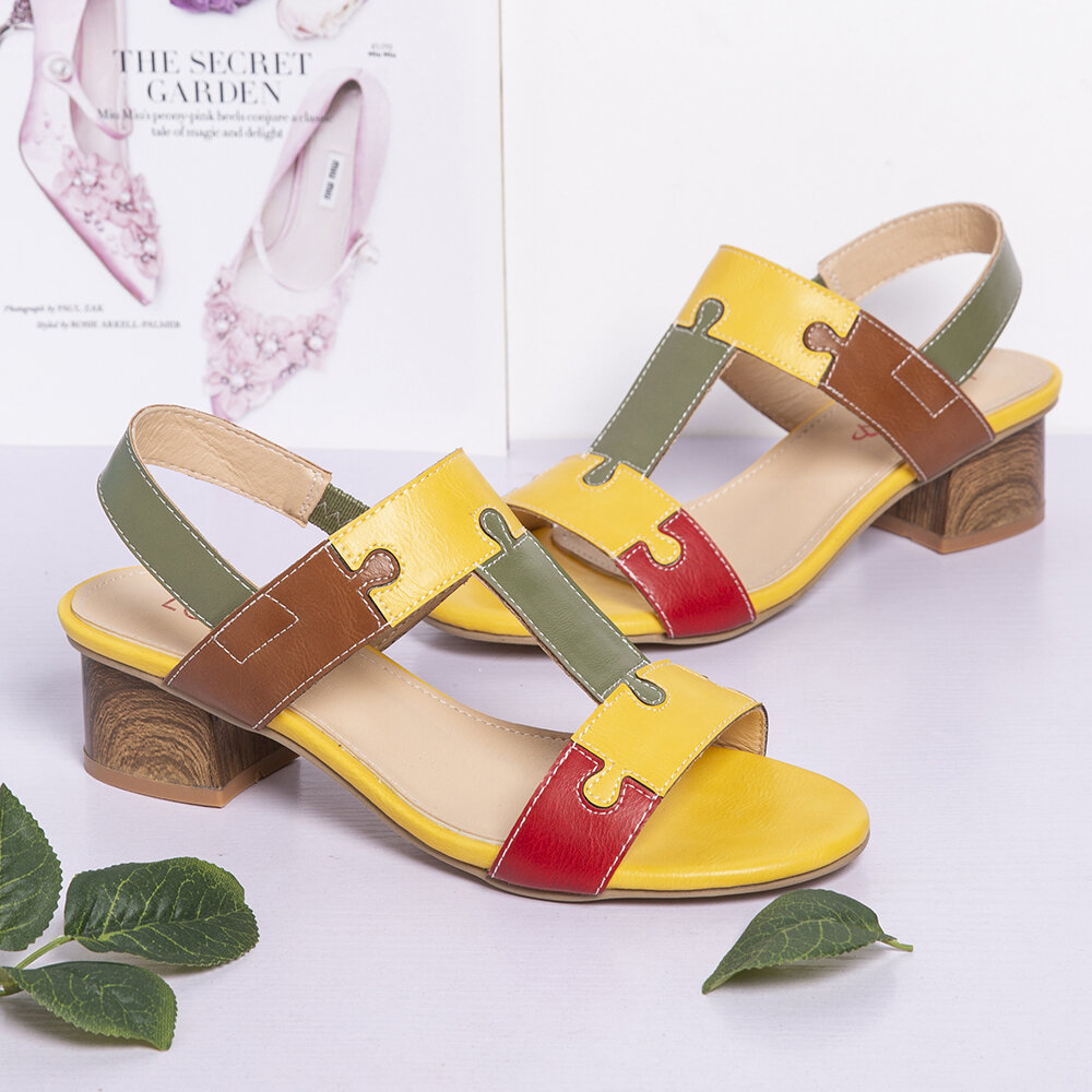 
	LOSTISY Color Block T Shape Opened Toe Elastic Band Chunky Heel Sandals