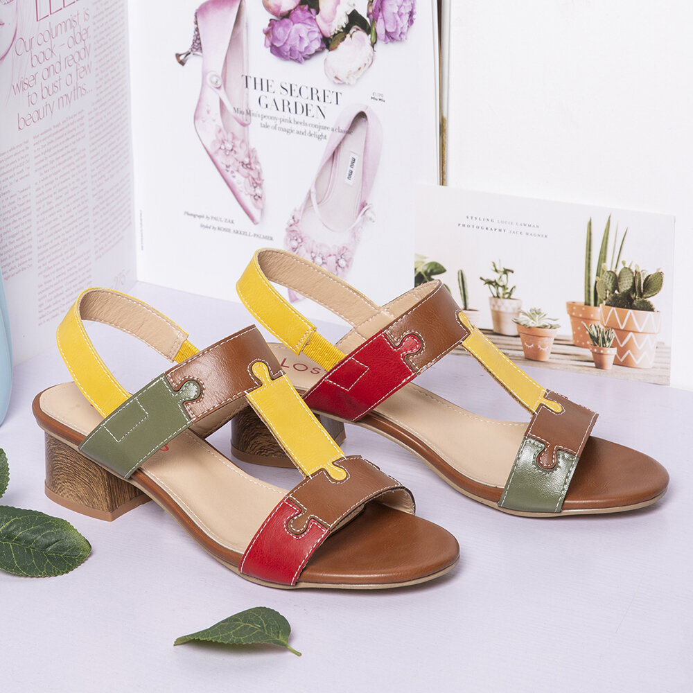 
	LOSTISY Color Block T Shape Opened Toe Elastic Band Chunky Heel Sandals