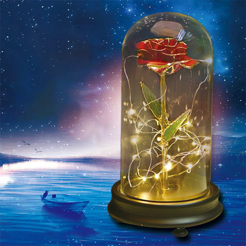 
	24K Gold Rose with LED Light Artificial Decoration Dome Wood Base Valentine&rsquo;s Gifts