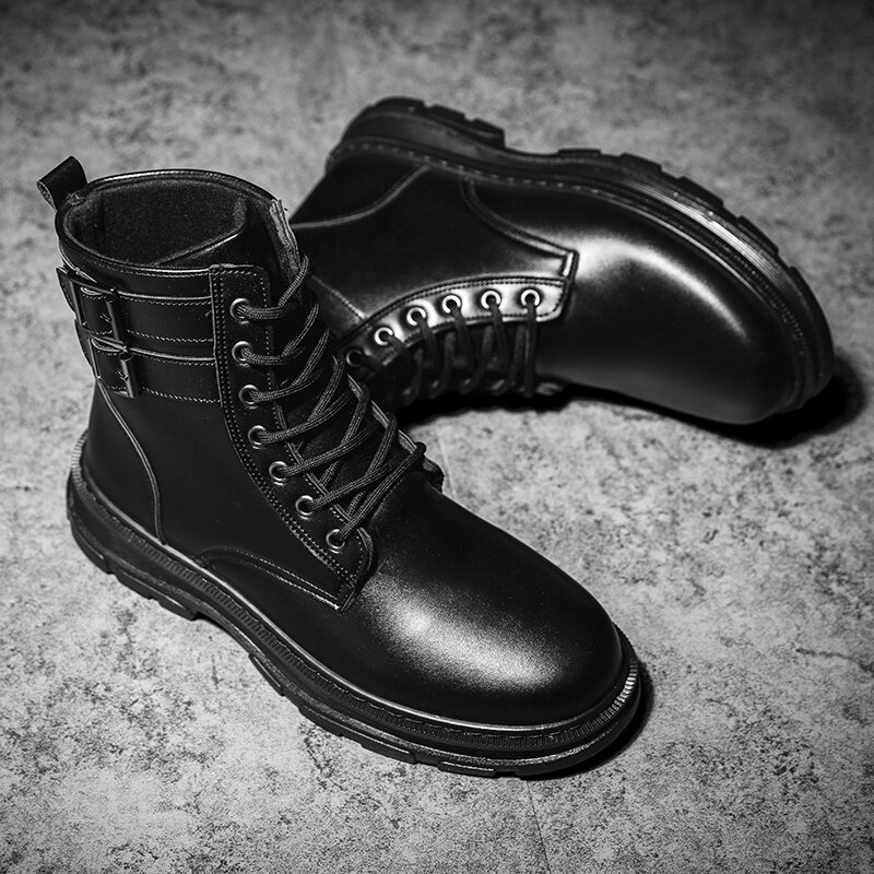 
	Men Non-Slip Pure Color Buckle PU Lace Up Casual Short Calf Boots