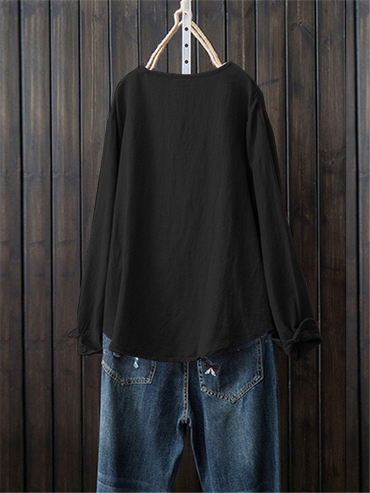 
	Front Button Crew Neck Long Sleeve Casual Shirt