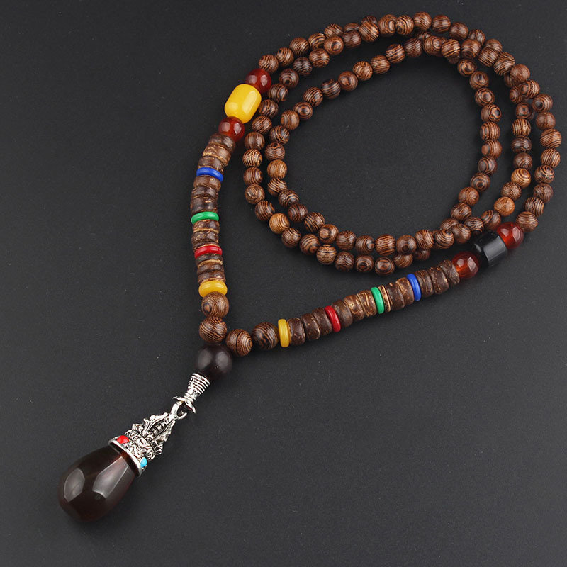 
	Ethnic Geometric Pendant Long Necklace Jade Agate Handmade String Beads Long Necklace