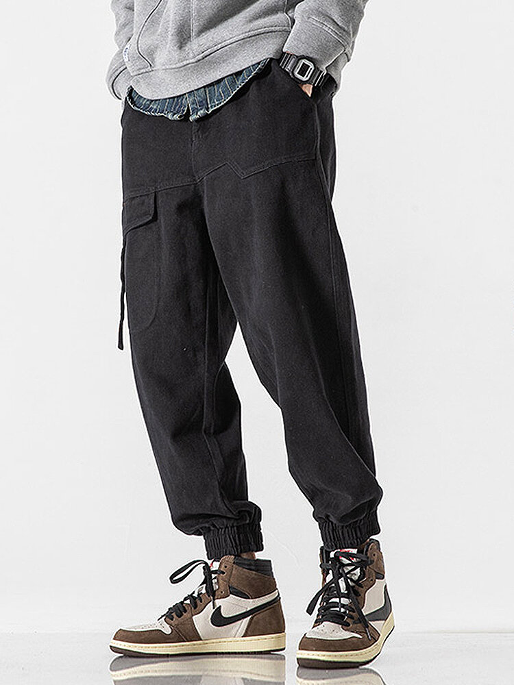 
	Mens 100% Cotton Solid Zipper Fly Casual Elastic Cuff Cargo Pants