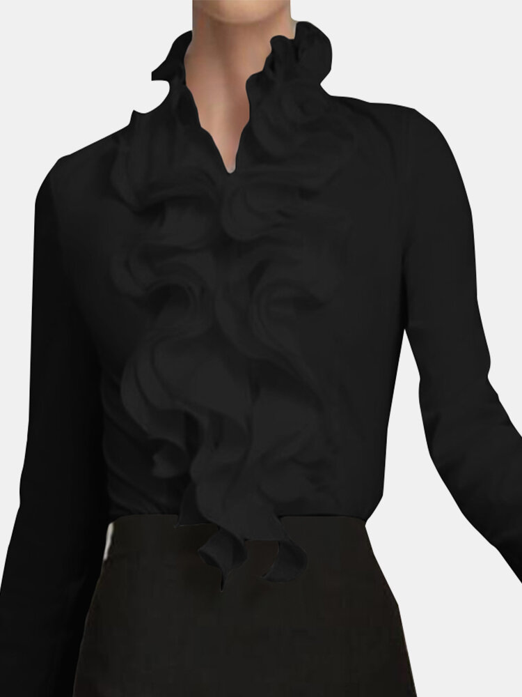 
	Ruffled Decorat Long Sleeve Button Work Elegant Blouse