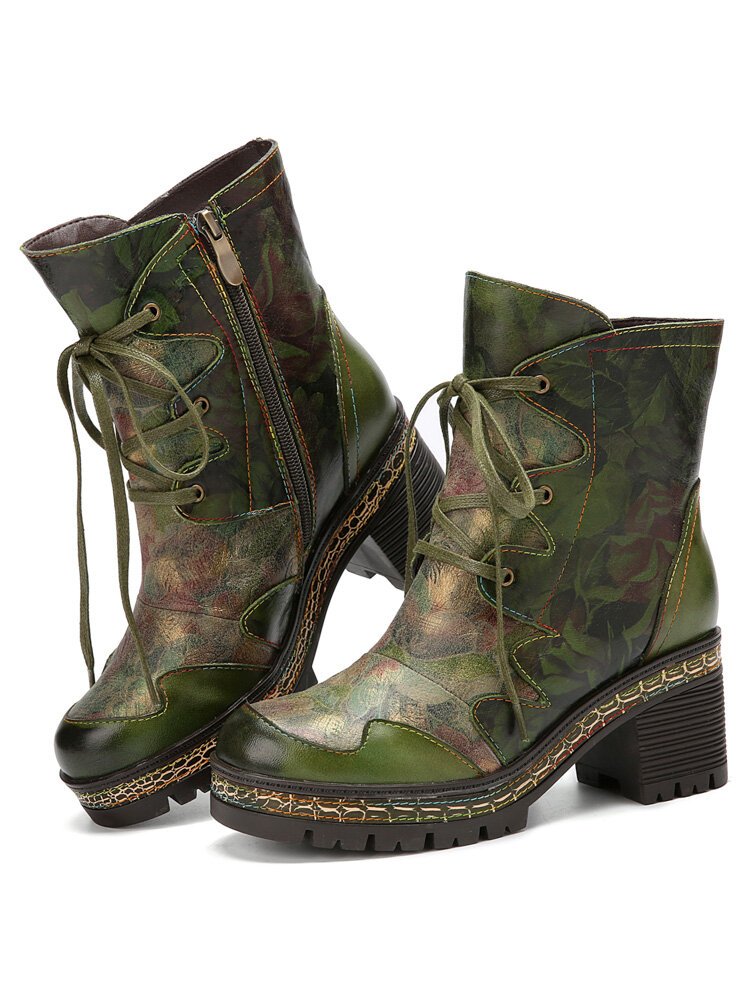 
	Socofy Retro Ethnic Floral Print Leather Side-zip Comfy Warm Lining Chunky Heel Short Boots