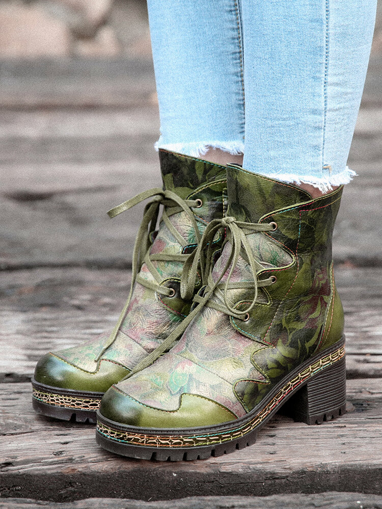 
	Socofy Retro Ethnic Floral Print Leather Side-zip Comfy Warm Lining Chunky Heel Short Boots