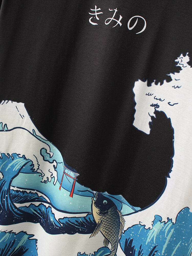 
	Mens Cartoon Wave Fish Print Short Sleeve White Ukiyoe T-Shirt