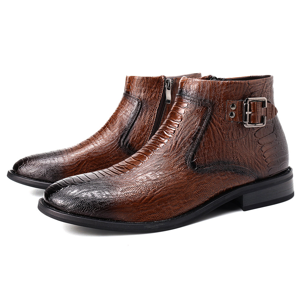 
	Men Cow Leather Non Slip Metal Buckle Crocodile Pattern Casual Boots