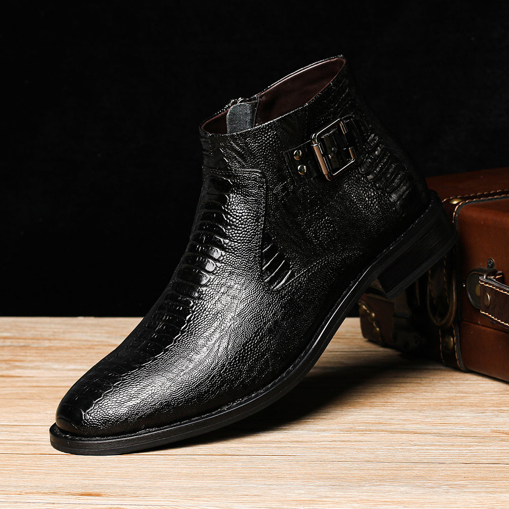 
	Men Cow Leather Non Slip Metal Buckle Crocodile Pattern Casual Boots