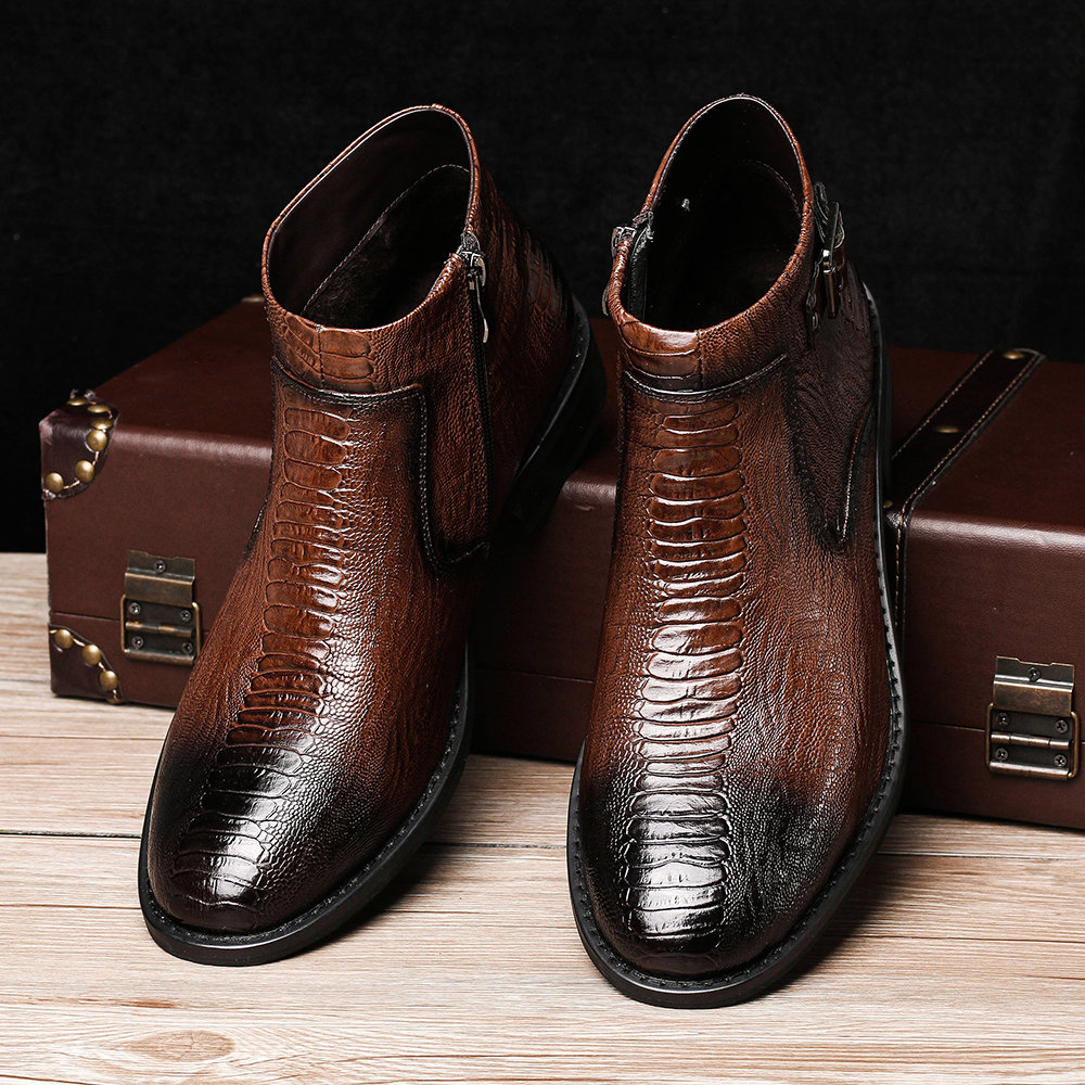 
	Men Cow Leather Non Slip Metal Buckle Crocodile Pattern Casual Boots