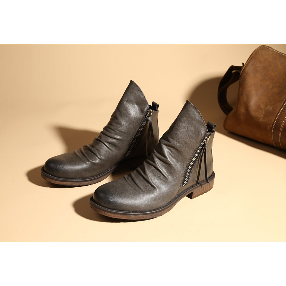 
	Men Retro Color Leather Non-Slip Zipper Side Tazzel Shoes