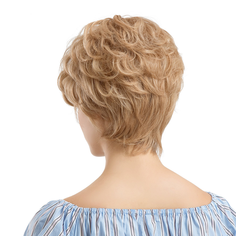 
	Human Hair Short Wigs Fashion Gold Short Curly Hair Wigs Full Bangs Hair Hearwear For Women