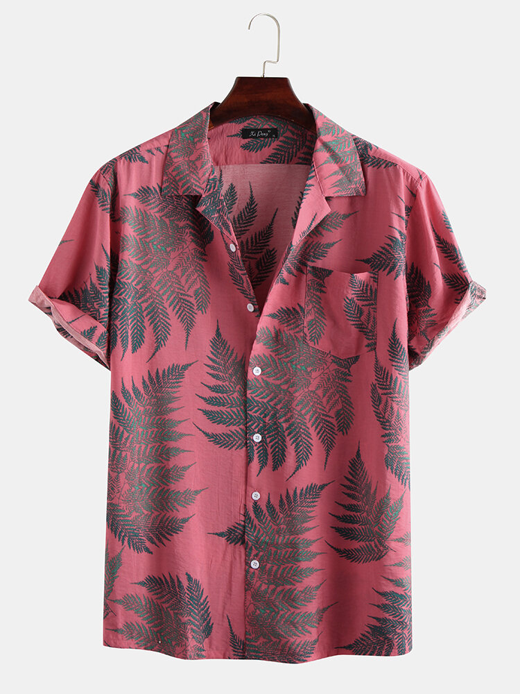 
	Mens 100% Cotton Leaf Printed Chest Pocket Turn Down Collar Short Sleeve Shirts