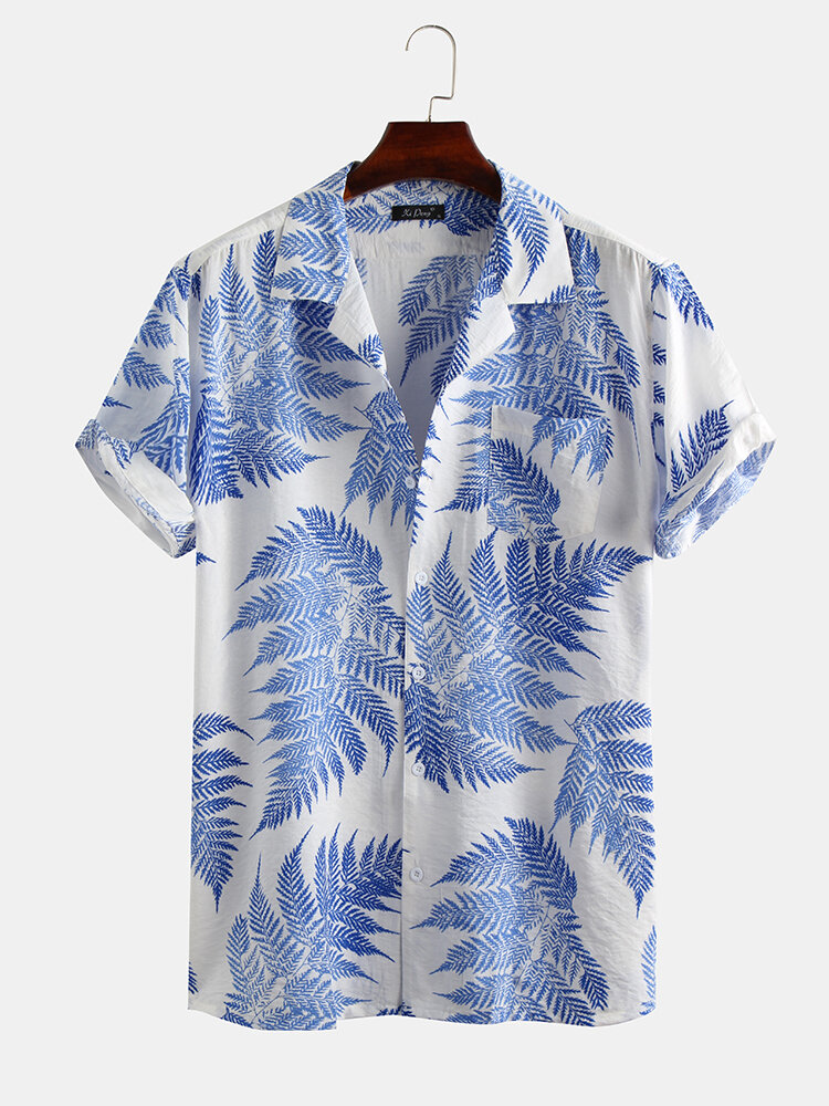 
	Mens 100% Cotton Leaf Printed Chest Pocket Turn Down Collar Short Sleeve Shirts