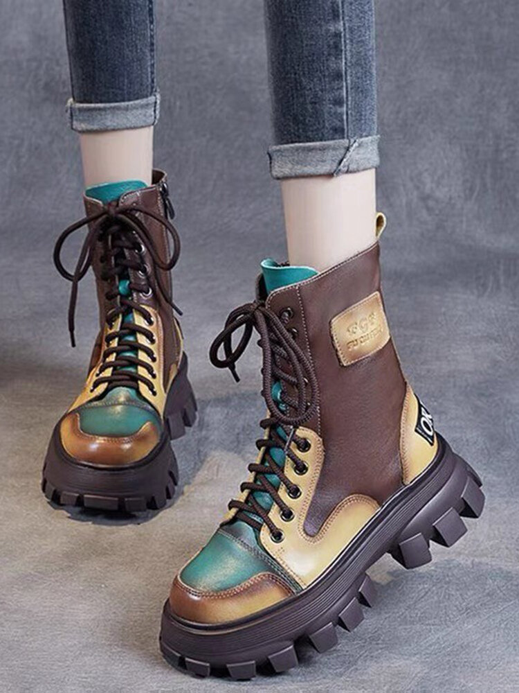 
	Women Casual Colorblock Side Zipper Comfy Platform Tooling Boots