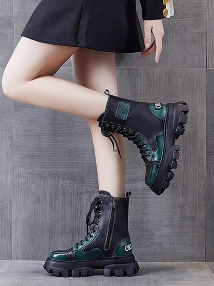 
	Women Casual Colorblock Side Zipper Comfy Platform Tooling Boots