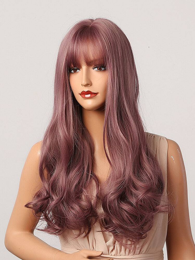 
	Purple Potato Red Mixed Color Long Water Ripples Curly Hair With Air Bangs Fashion Synthetic Wig For Daily Use And Masquerade