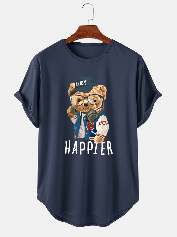 
	Mens HAPPIER Cartoon Bear Pattern Curved Hem Short Sleeve T-Shirt