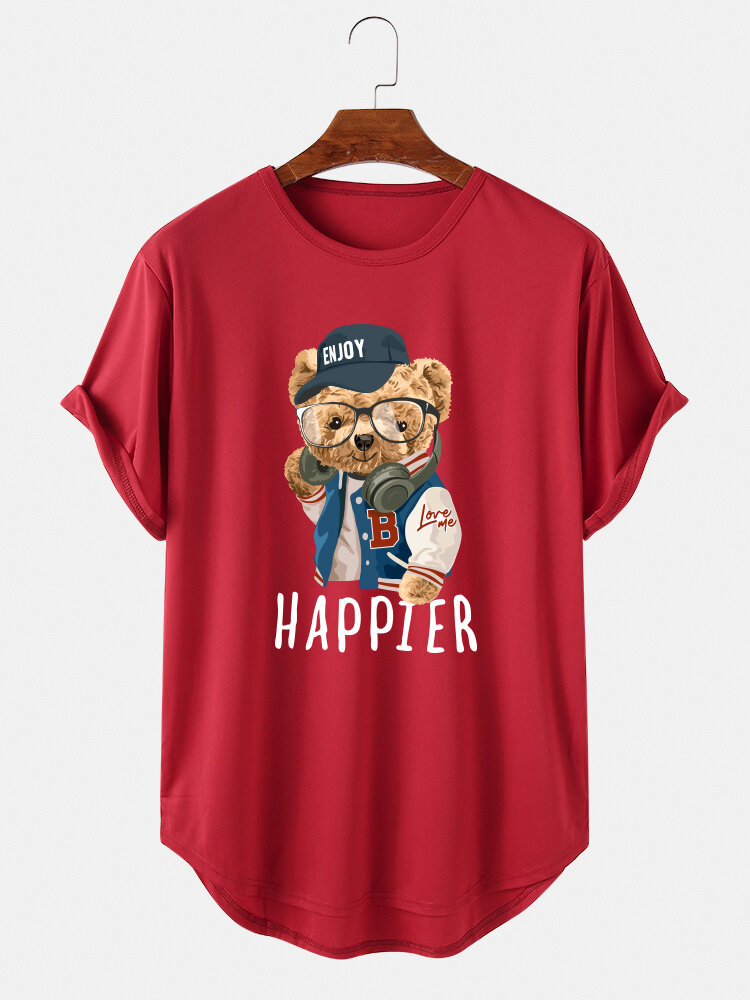 
	Mens HAPPIER Cartoon Bear Pattern Curved Hem Short Sleeve T-Shirt