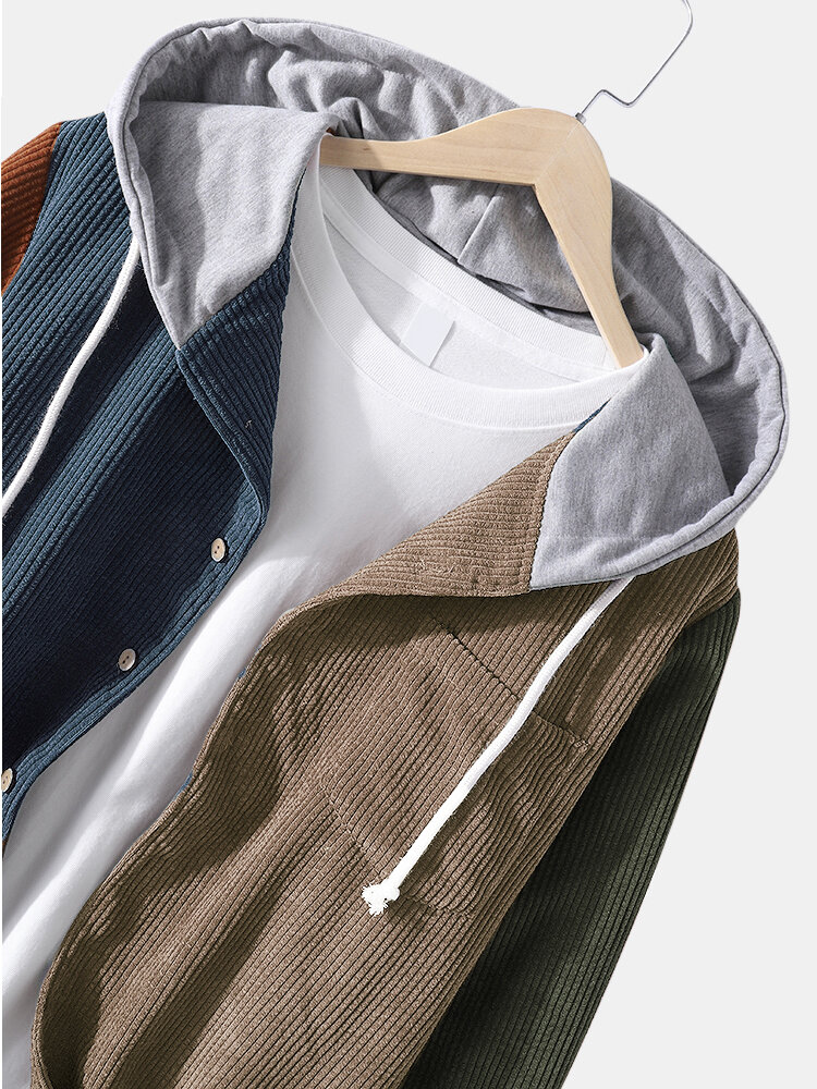 
	Mens Corduroy Colorblock Stitching Drawstring Hooded Shirt With Pocket