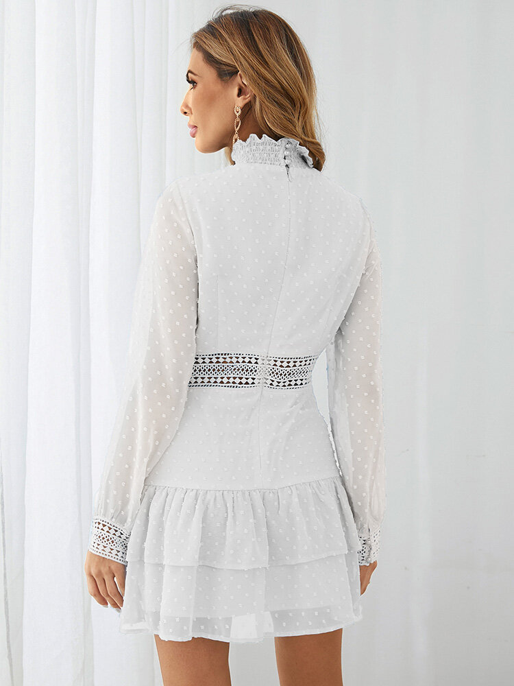 
	Solid Hollow Layered Long Sleeve High Neck Dress