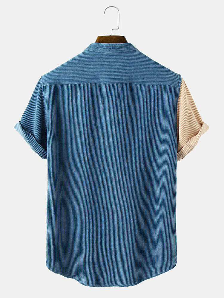 
	Mens Two Tone Corduroy Splice Stand Collar Short Sleeve Shirts