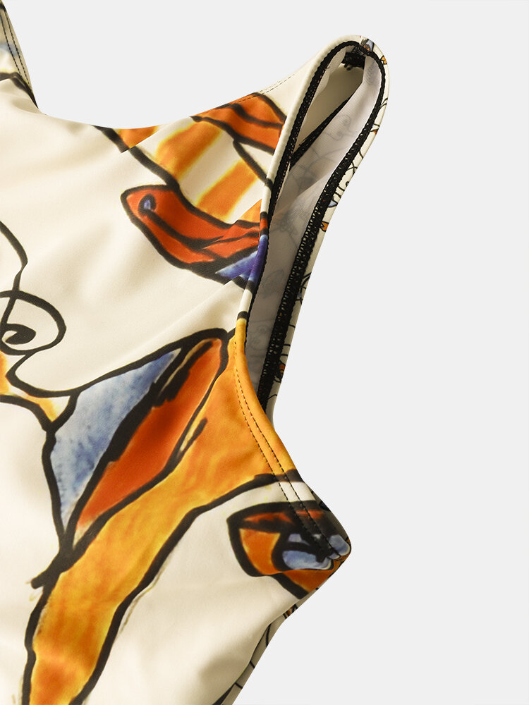 
	Women Abstract Face Line Drawing Print High Neck Sleeveless One Piece Slimming Swimwear