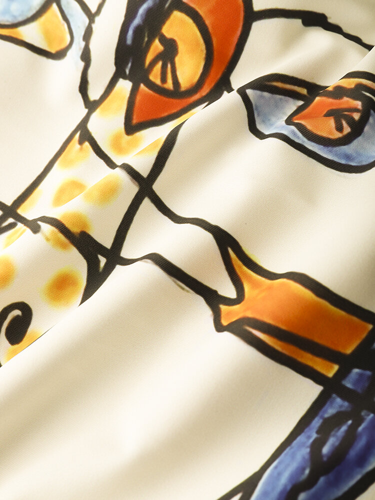 
	Women Abstract Face Line Drawing Print High Neck Sleeveless One Piece Slimming Swimwear