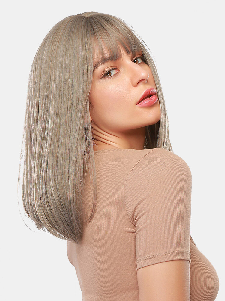 
	18 Inch Gray Mixed Color Medium-Length Straight Hair Soft Natural Full Head Cover Wig
