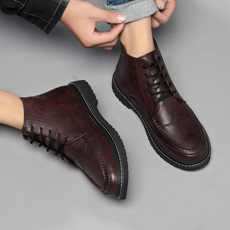 
	Men British Style Round Toe Lace Up Leather Ankle Boots