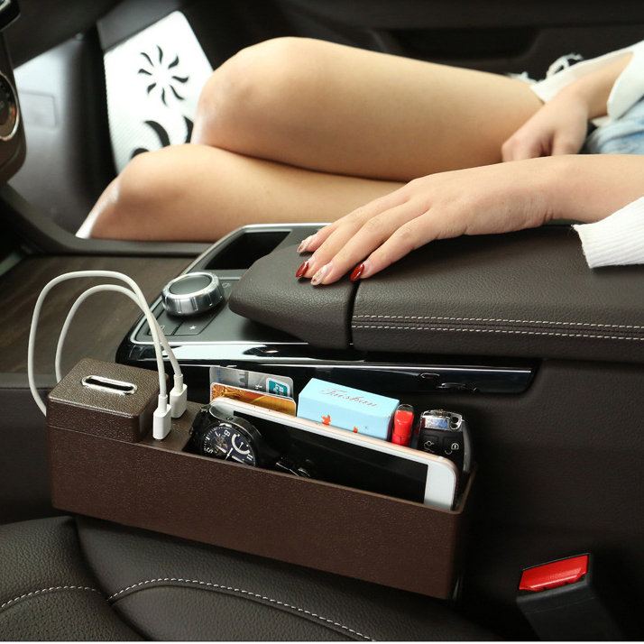 
	2-USB Charger Car Catcher Seat Gap Storage Organiser Box Pocket Coin Box