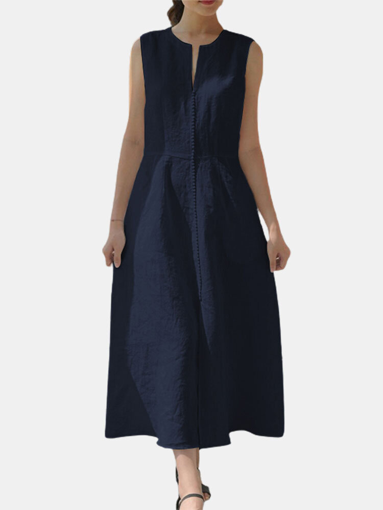 
	Lace Patch Round V-neck Sleeveles Cotton Dress With Belt