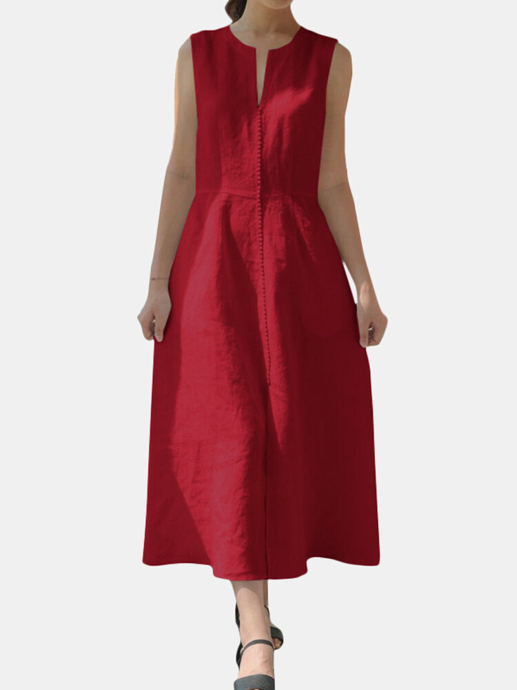 
	Lace Patch Round V-neck Sleeveles Cotton Dress With Belt