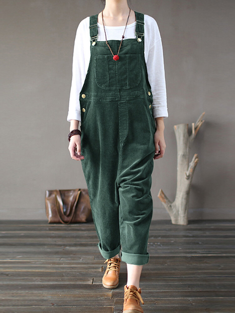 
	Solid Color Button Pockets Sleeveless Corduroy Jumpsuits
