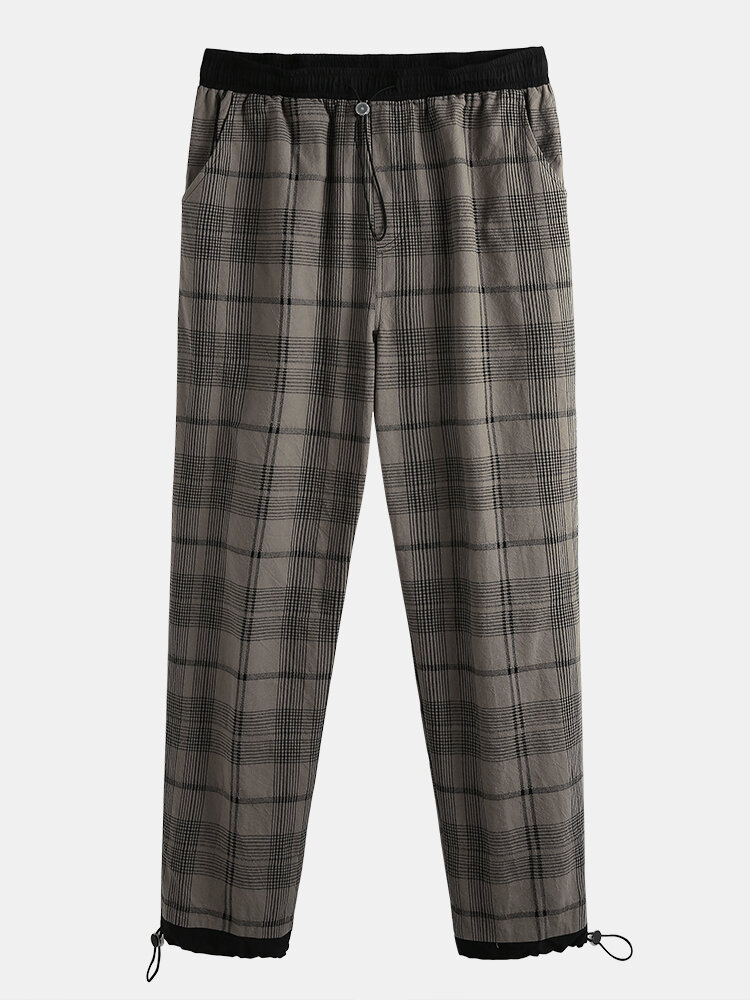 
	Mens 100% Cotton Tartan Plaid Multi-Pocket Loose Elastic Waist Cargo Pants