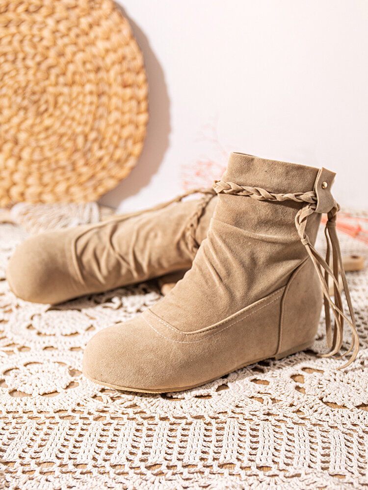 
	Large Size Women Casual Woven Tassel Design Slip-on Internal Increase Short Boots