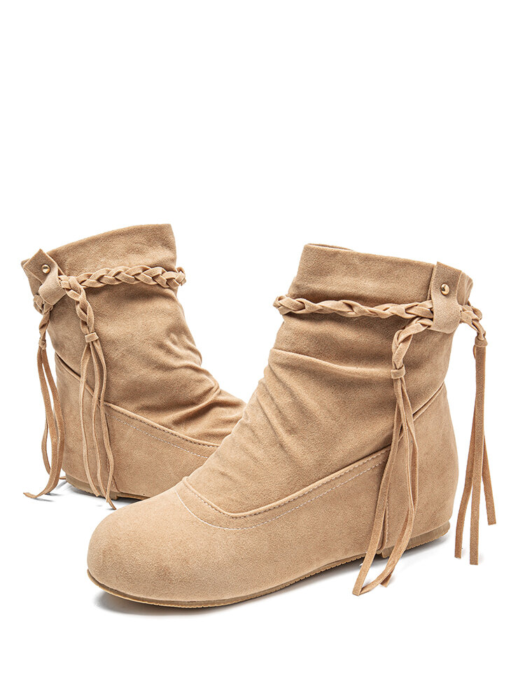 
	Large Size Women Casual Woven Tassel Design Slip-on Internal Increase Short Boots