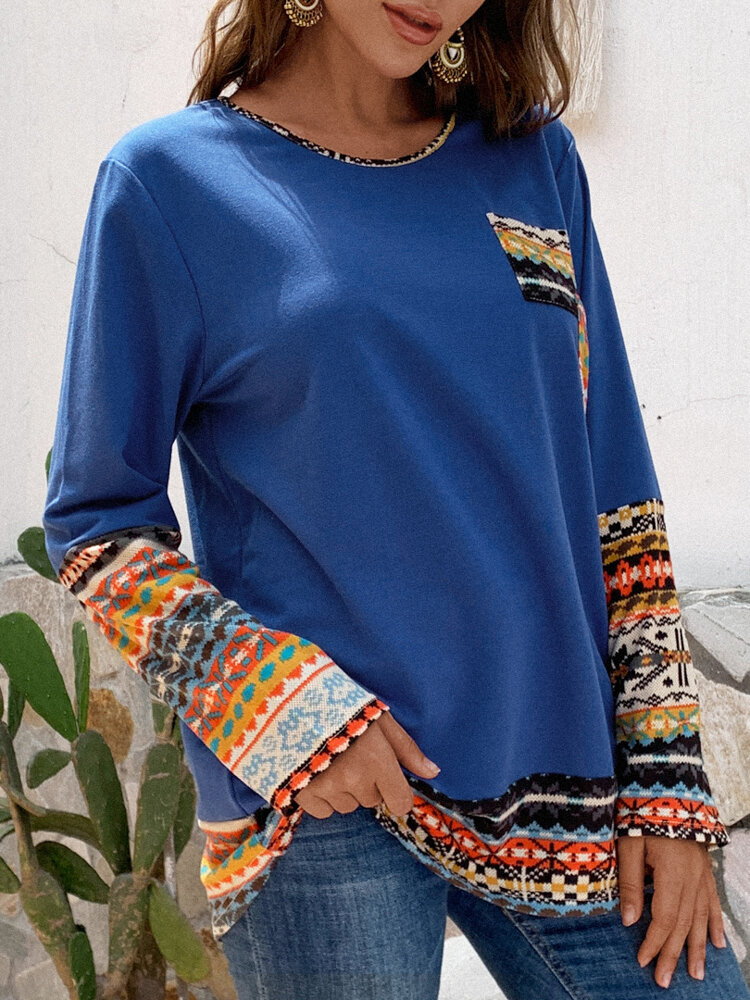 
	Patchwork Crewneck Long Sleeve Casual Plus Size Blouse