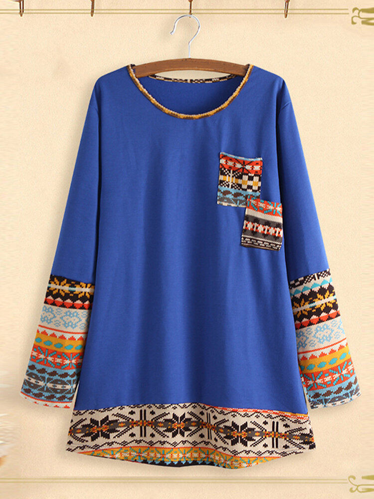 
	Patchwork Crewneck Long Sleeve Casual Plus Size Blouse