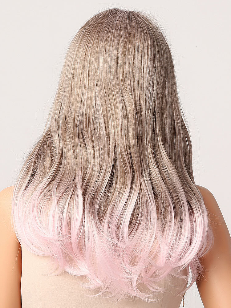 
	Gray-Pink Mid-length Wavy Curly Hair With Air Bangs Natural Curly Fashion Synthetic Wig For Daily Use And Masquerade
