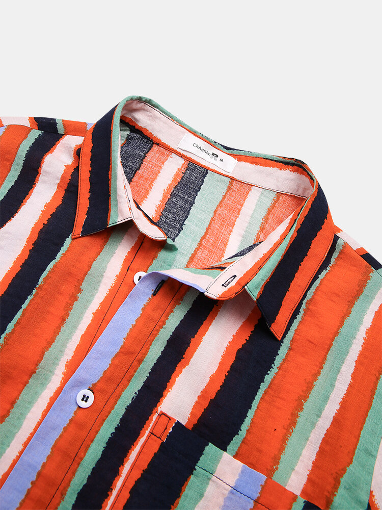 
	Mens Cotton Breathable Colorful Striped Short Sleeve Shirts