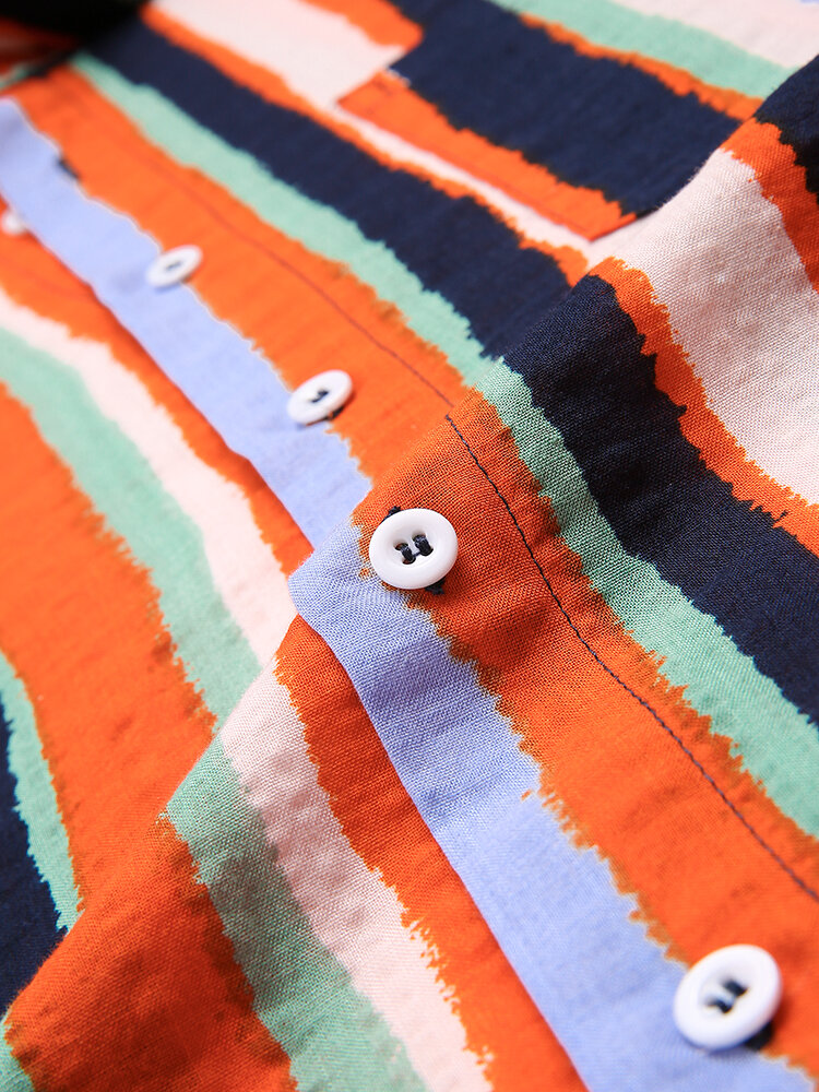 
	Mens Cotton Breathable Colorful Striped Short Sleeve Shirts