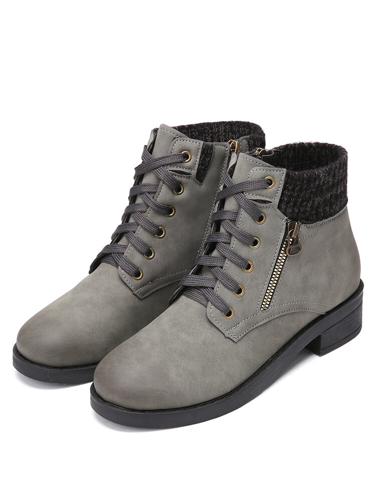 
	Large Size Women Stitching Knitted Fabric Round Toe Bilateral Zipper Warm Casual Short Boots