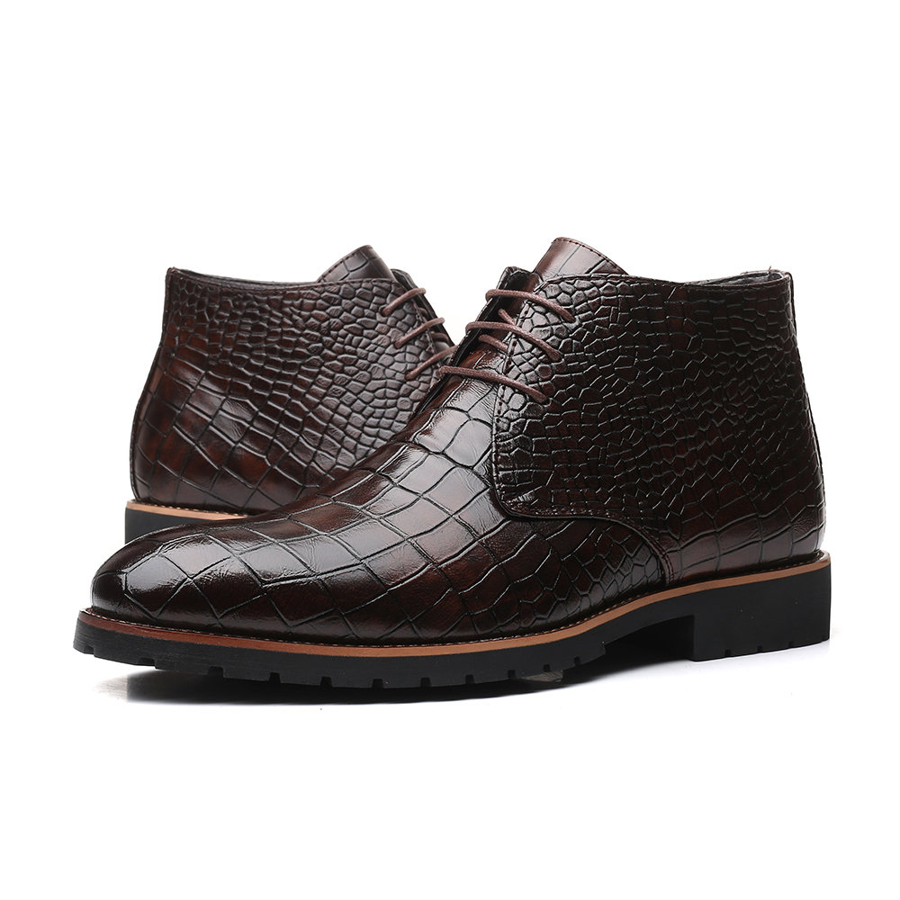
	Men Vintage Crocodile Pattern Lace Up Casual Leather Ankle Boots