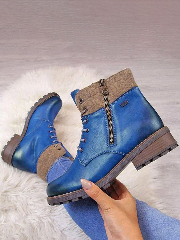 
	Women Retro Comfy Round Toe Stitching Side Zipper Casual Tooling Short Boots