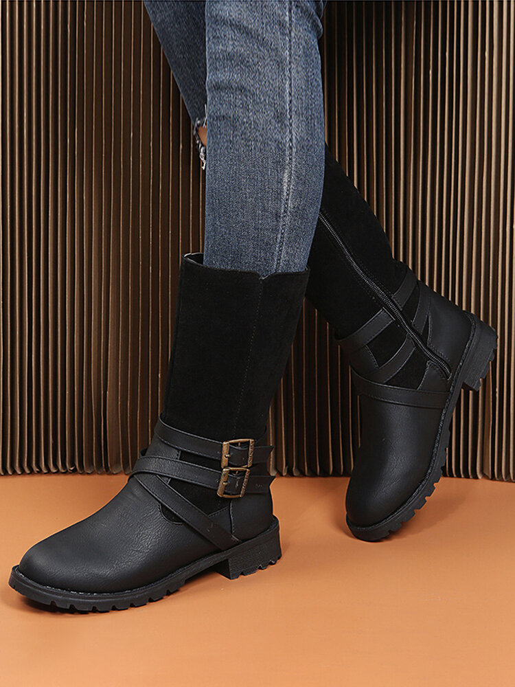 
	Large Size Women Buckle Design Side Zipper Casual Mid Calf Boots