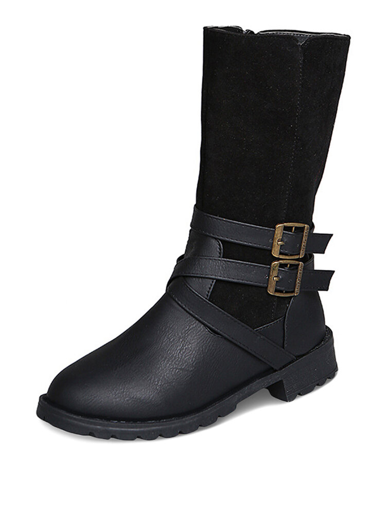 
	Large Size Women Buckle Design Side Zipper Casual Mid Calf Boots