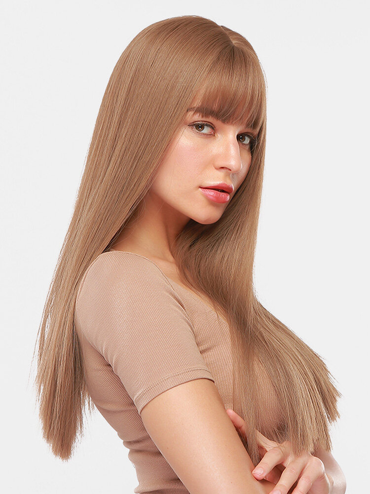 
	24 Inch Light Brown Long Straight Hair Full Bangs High Temperature Fiber Wigs