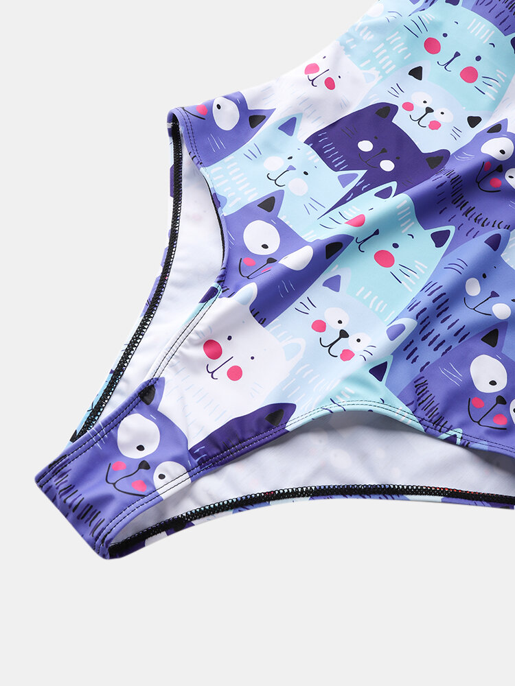 
	Women Cute Cartoon Cat Print High Neck One Piece Sleeveless Slimming Swimsuit