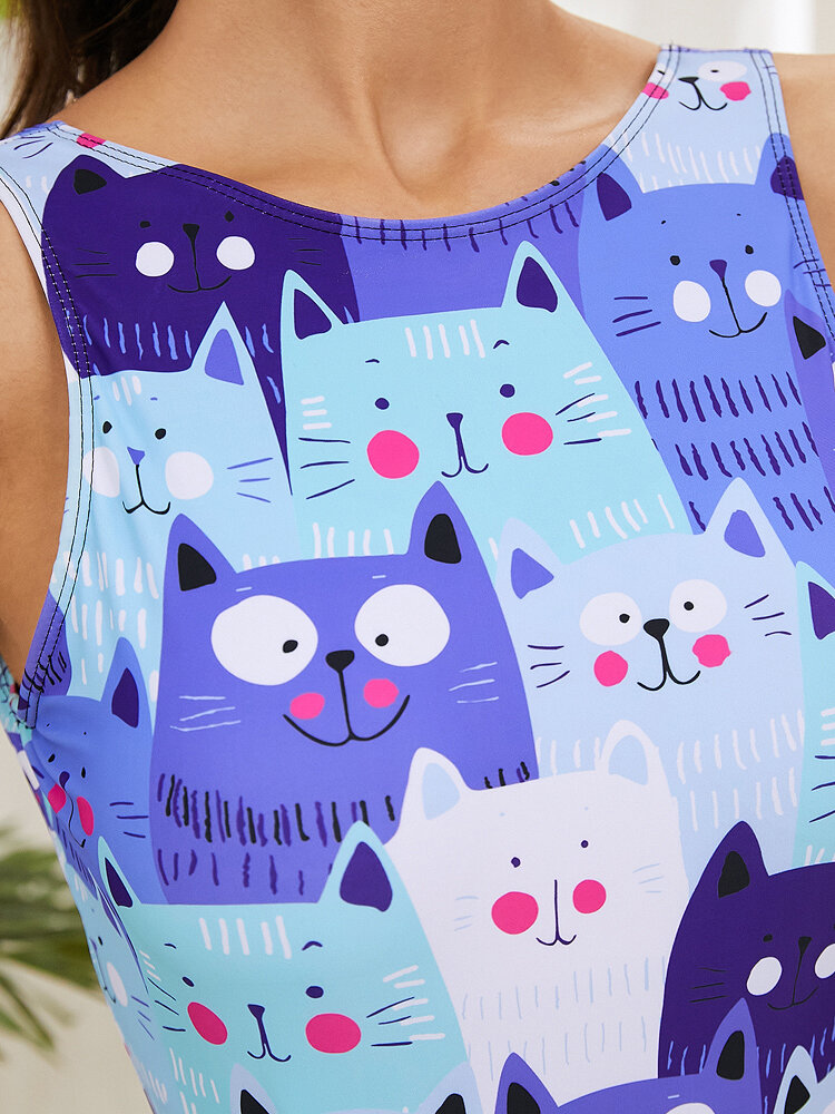 
	Women Cute Cartoon Cat Print High Neck One Piece Sleeveless Slimming Swimsuit